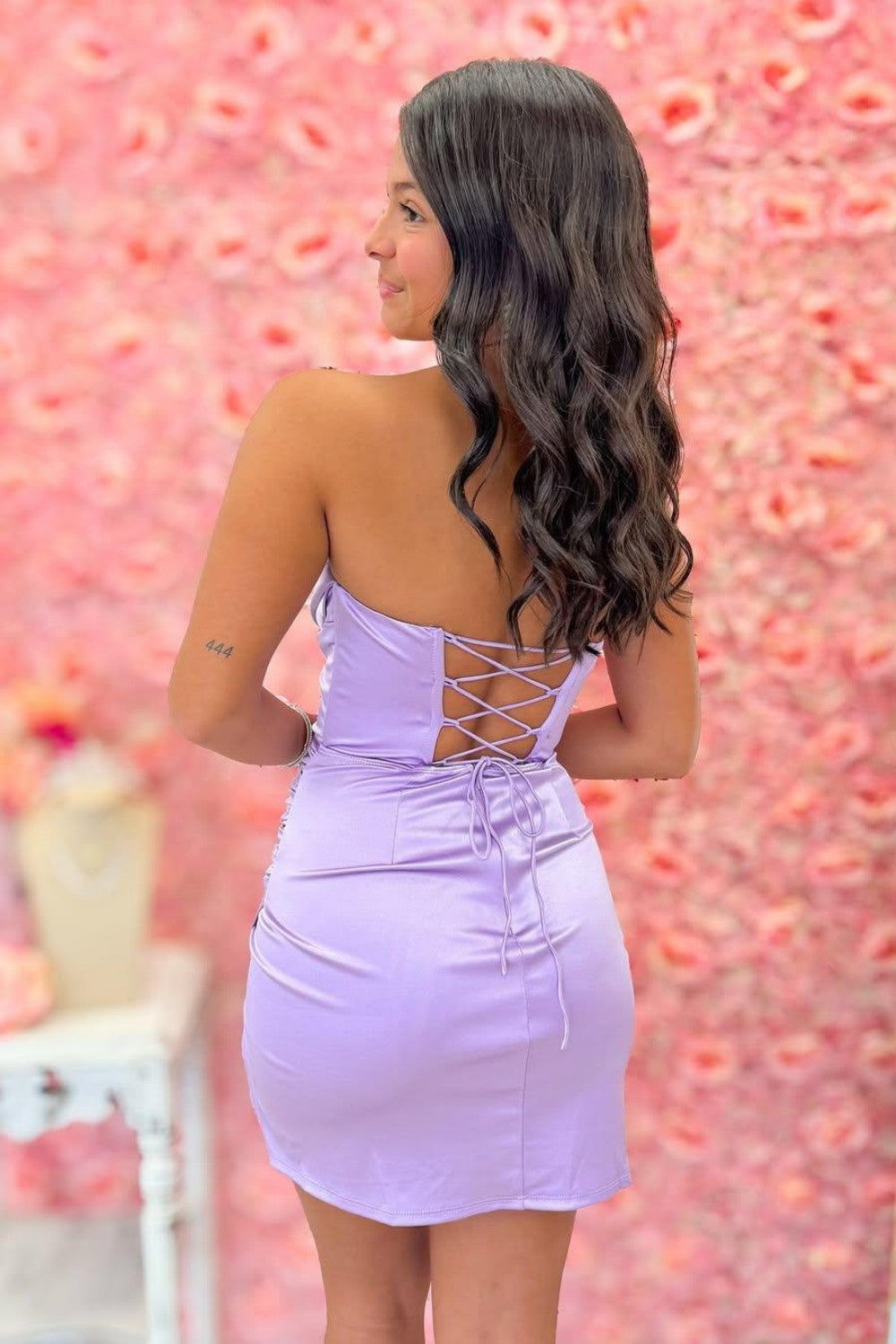 Strapless Lavender Satin Bodycon Lace Up Homecoming Dress with Side Slit