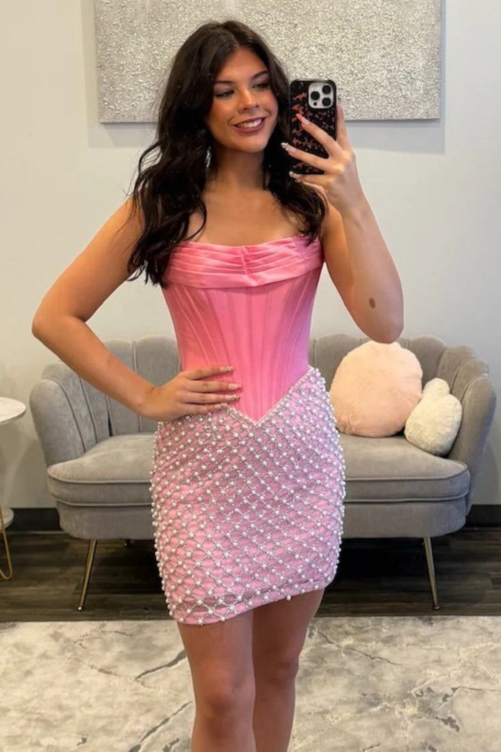 Strapless Mini Corset Homecoming Dress with Pearl Mesh Embellishments