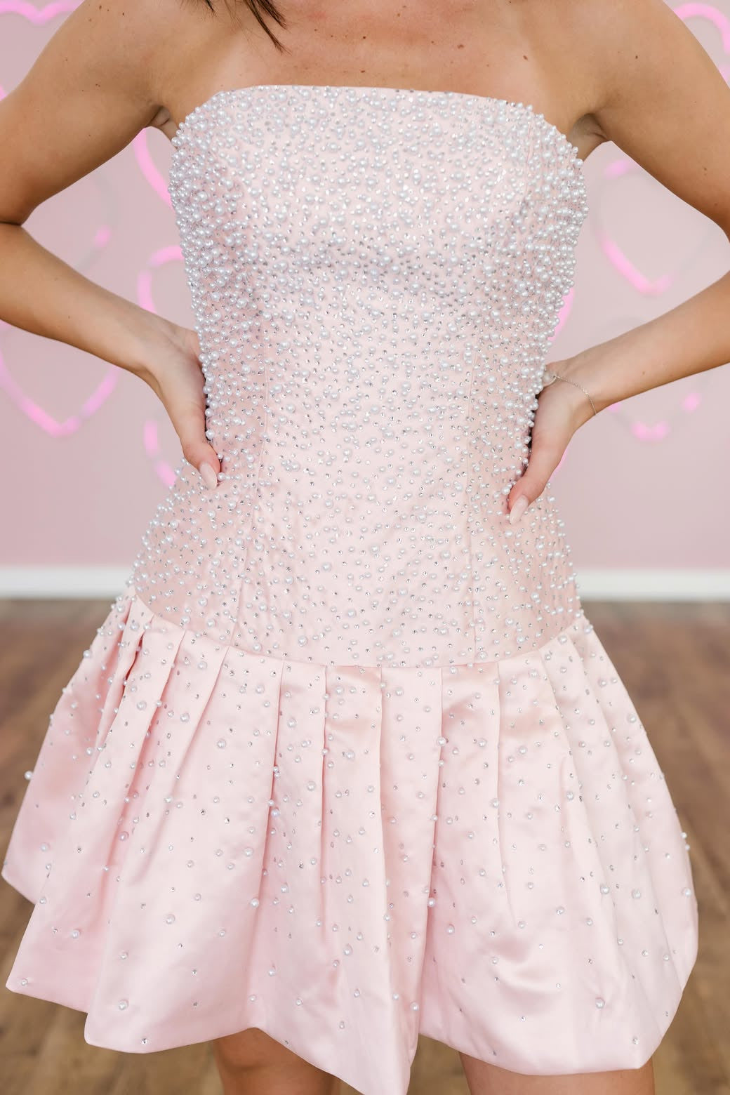 Strapless Mini Homecoming Dress with Pearl Embellished Bodice and Bubble Skirt
