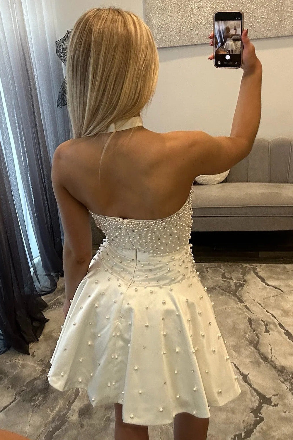 Strapless Neck Pearl Detail A-Line Mini Homecoming Dress with Bow Waist Accent