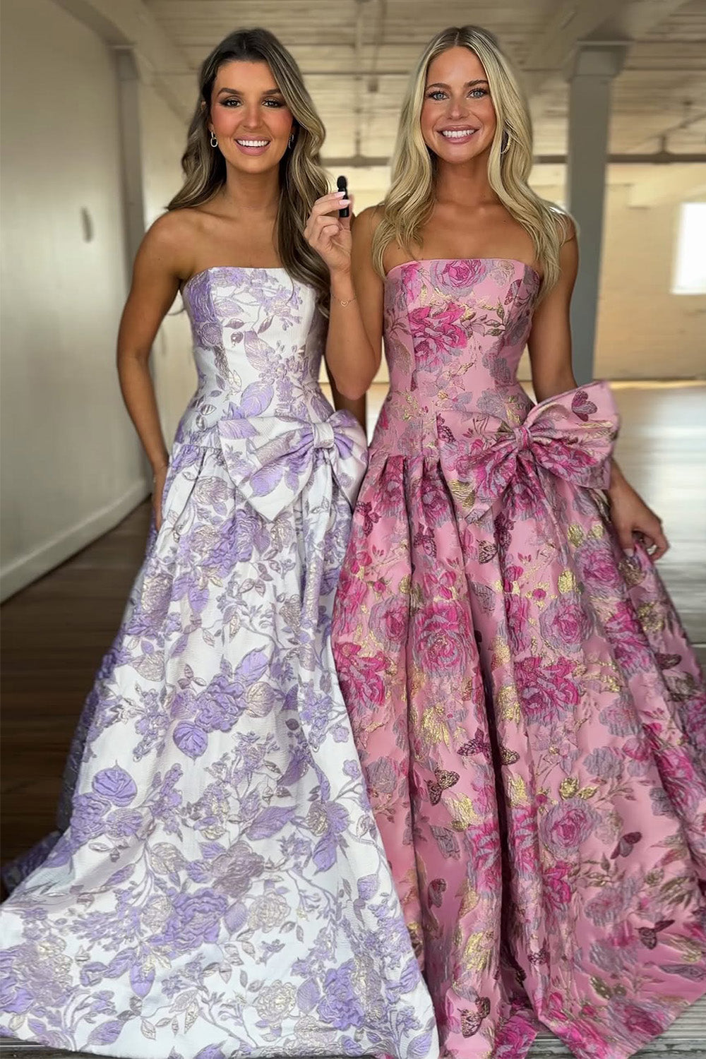 Strapless Purple Floral Formal Dress A-Line Prom Gown with Bow Accent