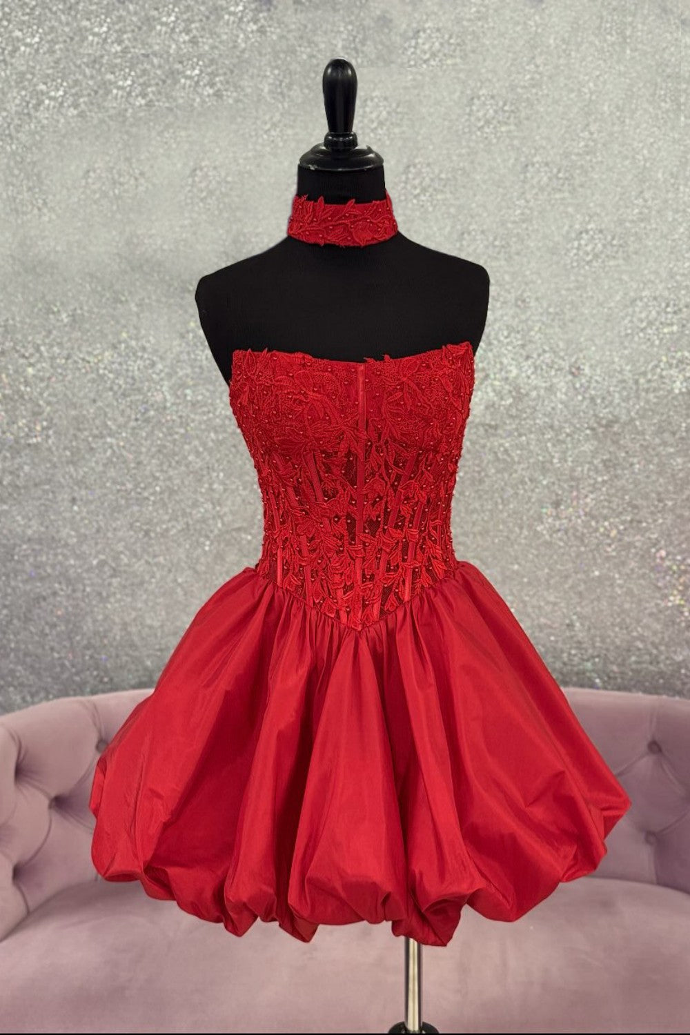 Strapless Red Lace Corset Homecoming Dress with Bubble Hem and Matching Choker