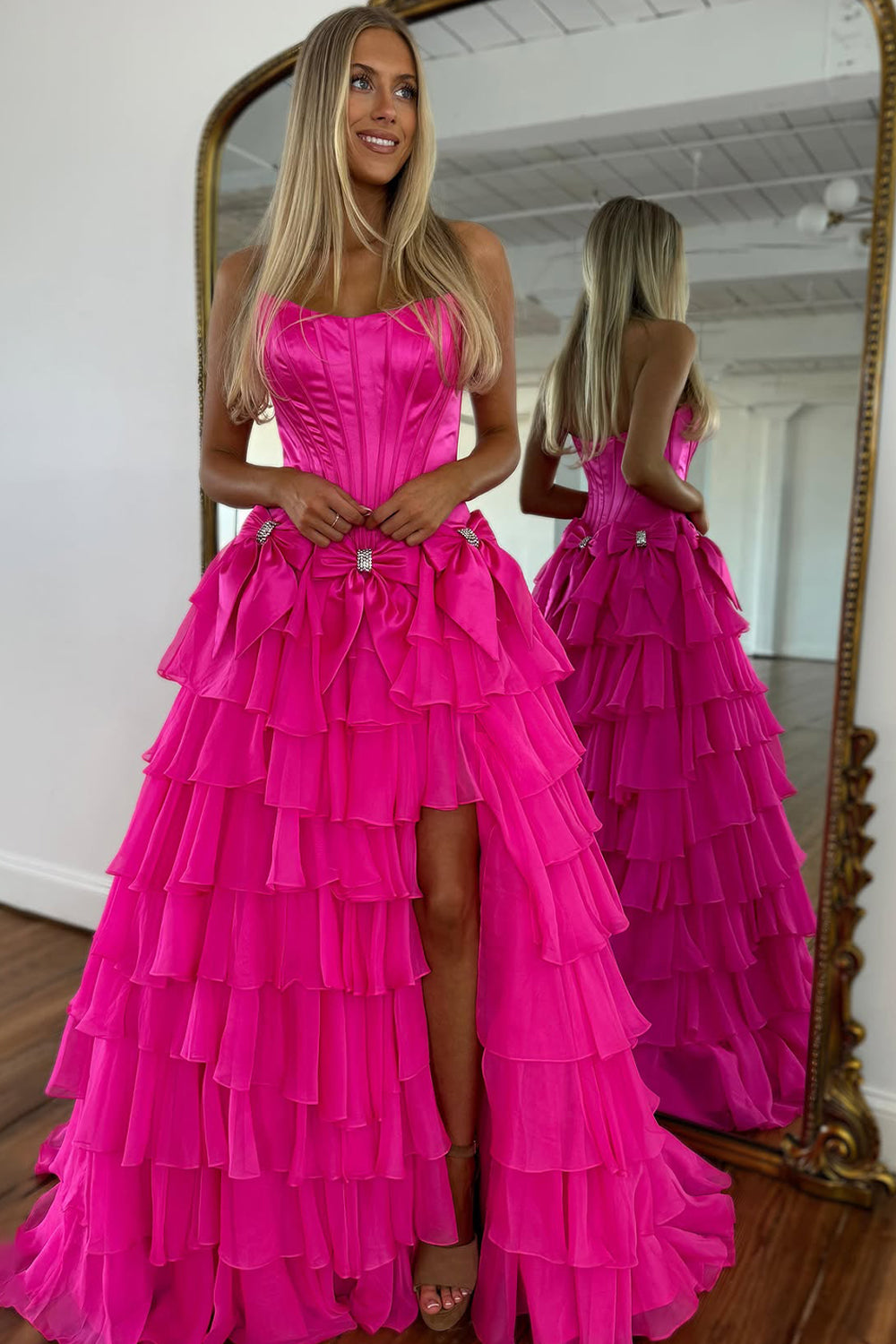 Strapless Tiered Princess A-Line Prom Dress with Slit and Bow
