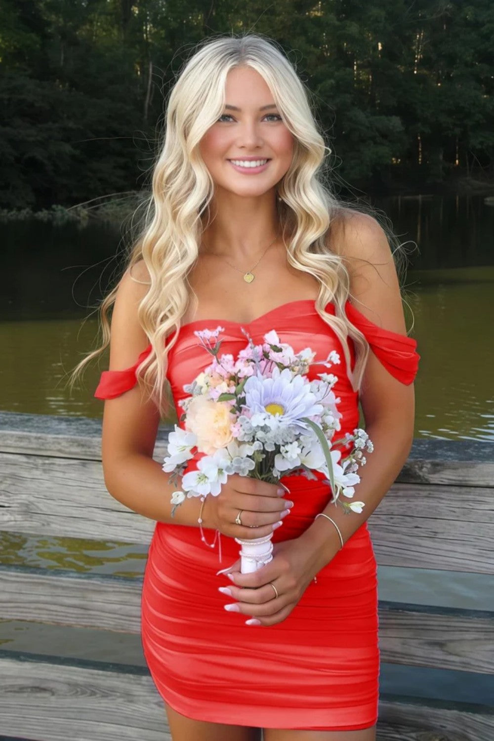 Stunning Off-Shoulder Ruched Pink Bodycon Homecoming Dress