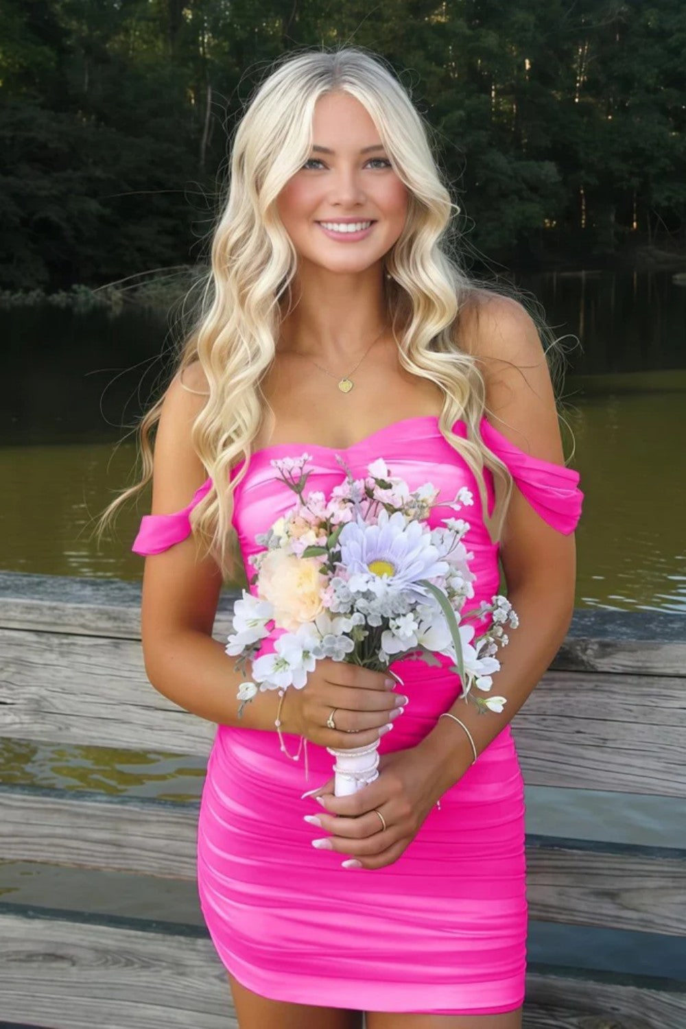 Stunning Off-Shoulder Ruched Pink Bodycon Homecoming Dress