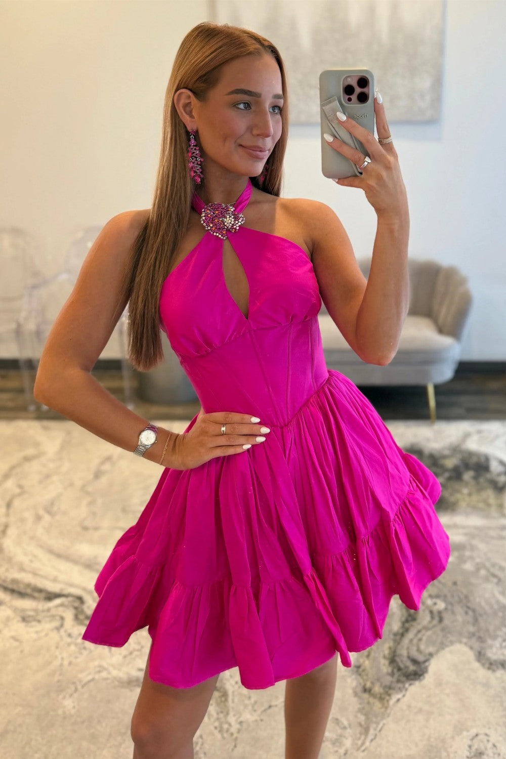 Stunning Orange A-Line Halter Neck Lace Up Short Satin Homecoming Dress