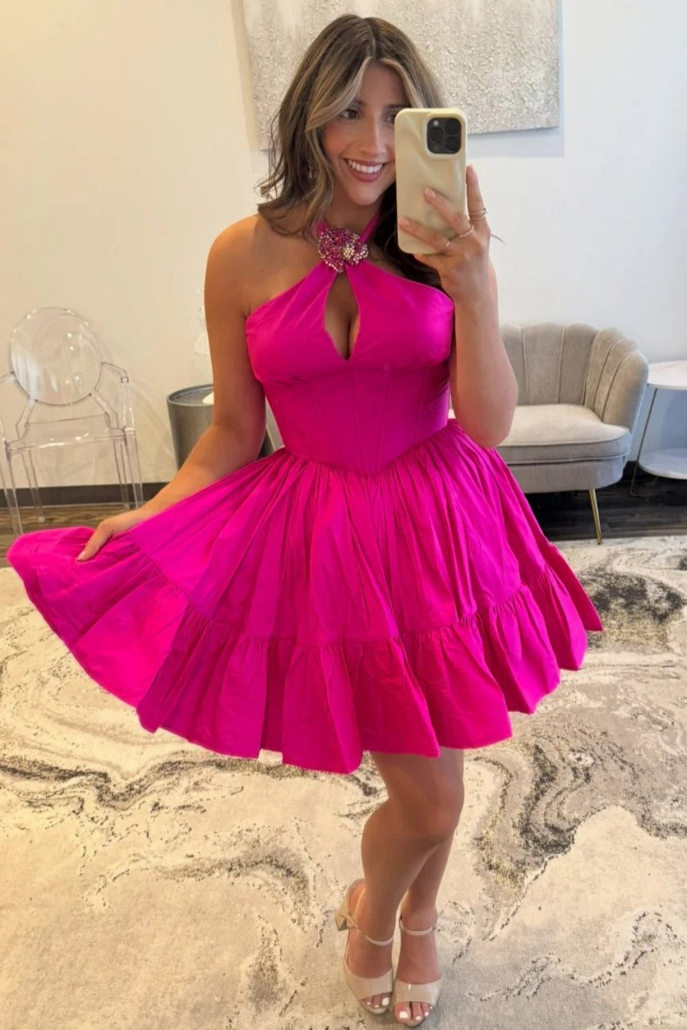 Stunning Orange A-Line Halter Neck Lace Up Short Satin Homecoming Dress