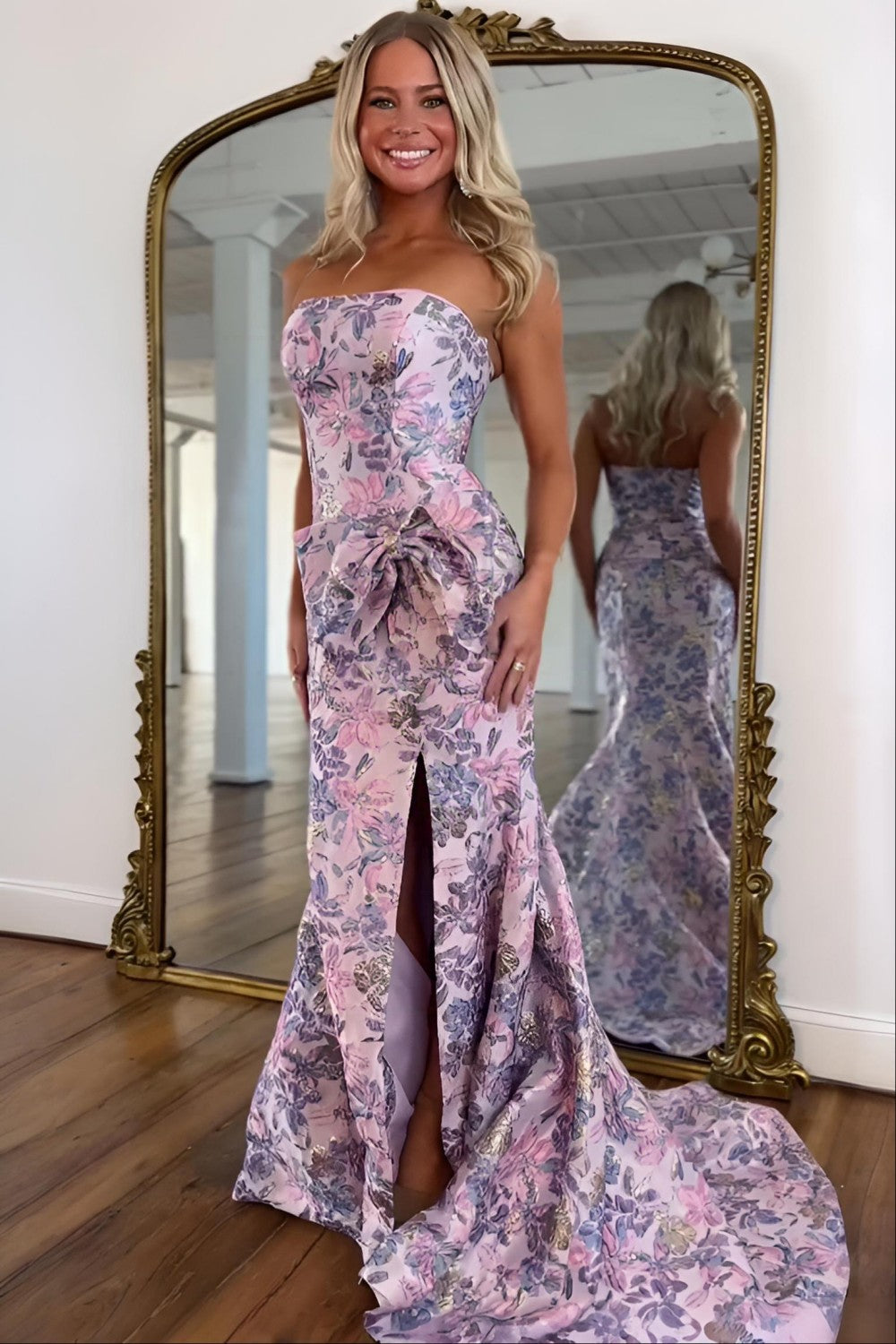 Elegant Pink Floral Jacquard Strapless Mermaid Prom Dress with Bow Detail
