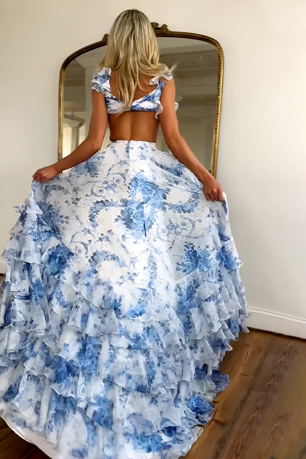 Stunning Printed Chiffon Prom Dress with V Neck Waist Hollow and Tiered A Line Design