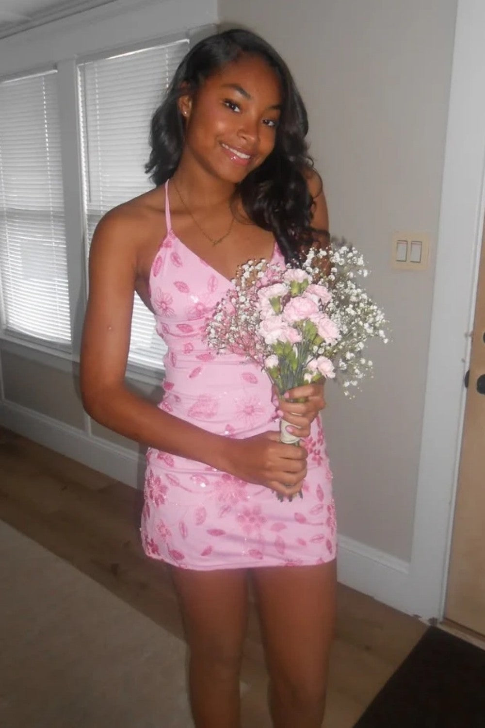 Stunning Beaded Sheath Homecoming Dress with Spaghetti Straps and Floral Embellishment
