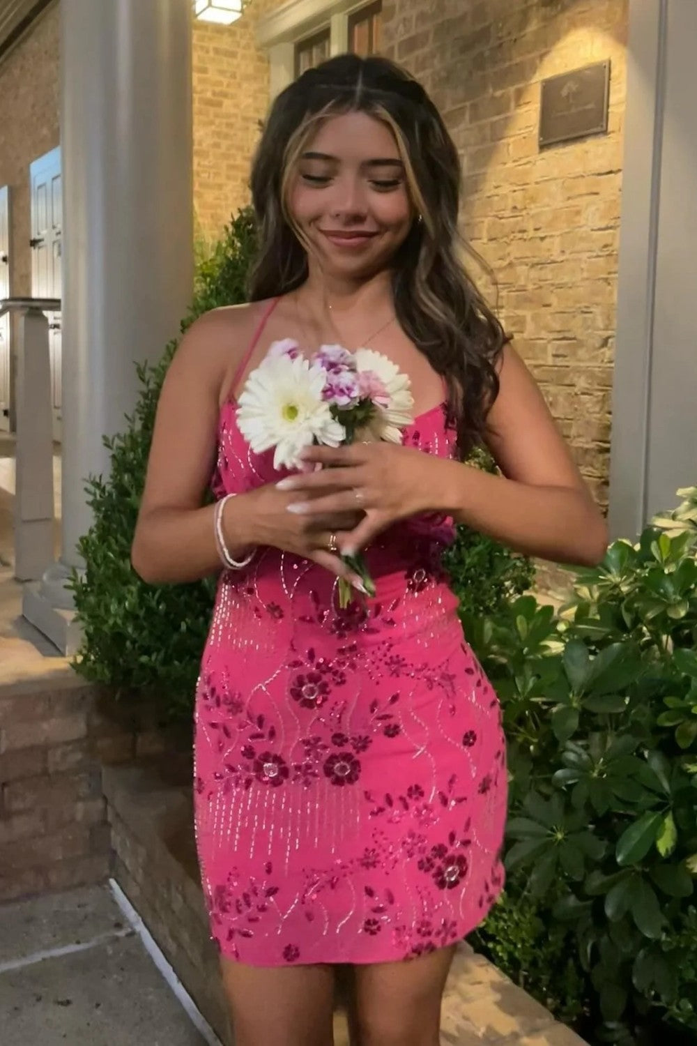 Stunning Beaded Sheath Homecoming Dress with Spaghetti Straps and Floral Embellishment