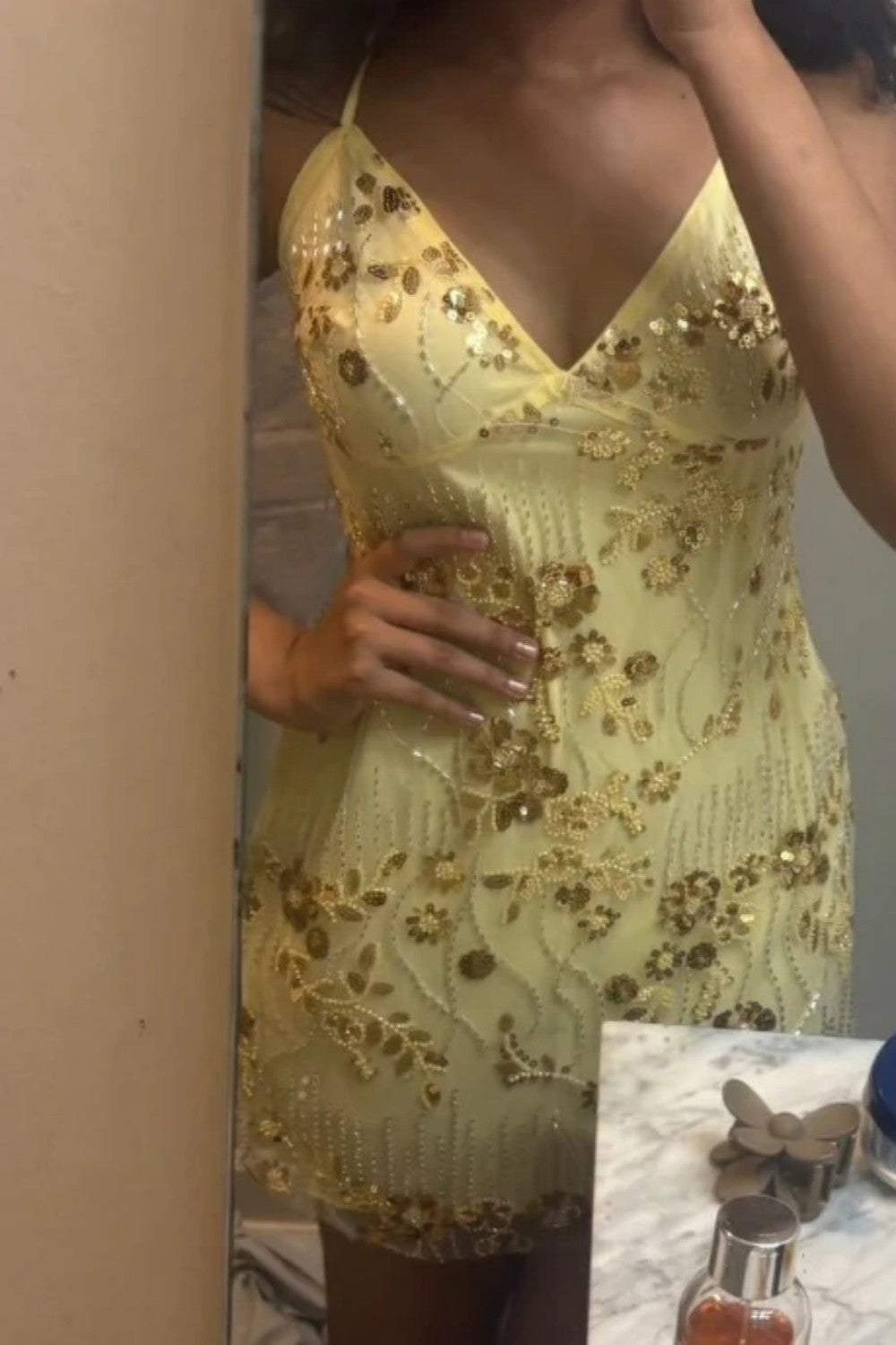 Stunning Beaded Sheath Homecoming Dress with Spaghetti Straps and Floral Embellishment