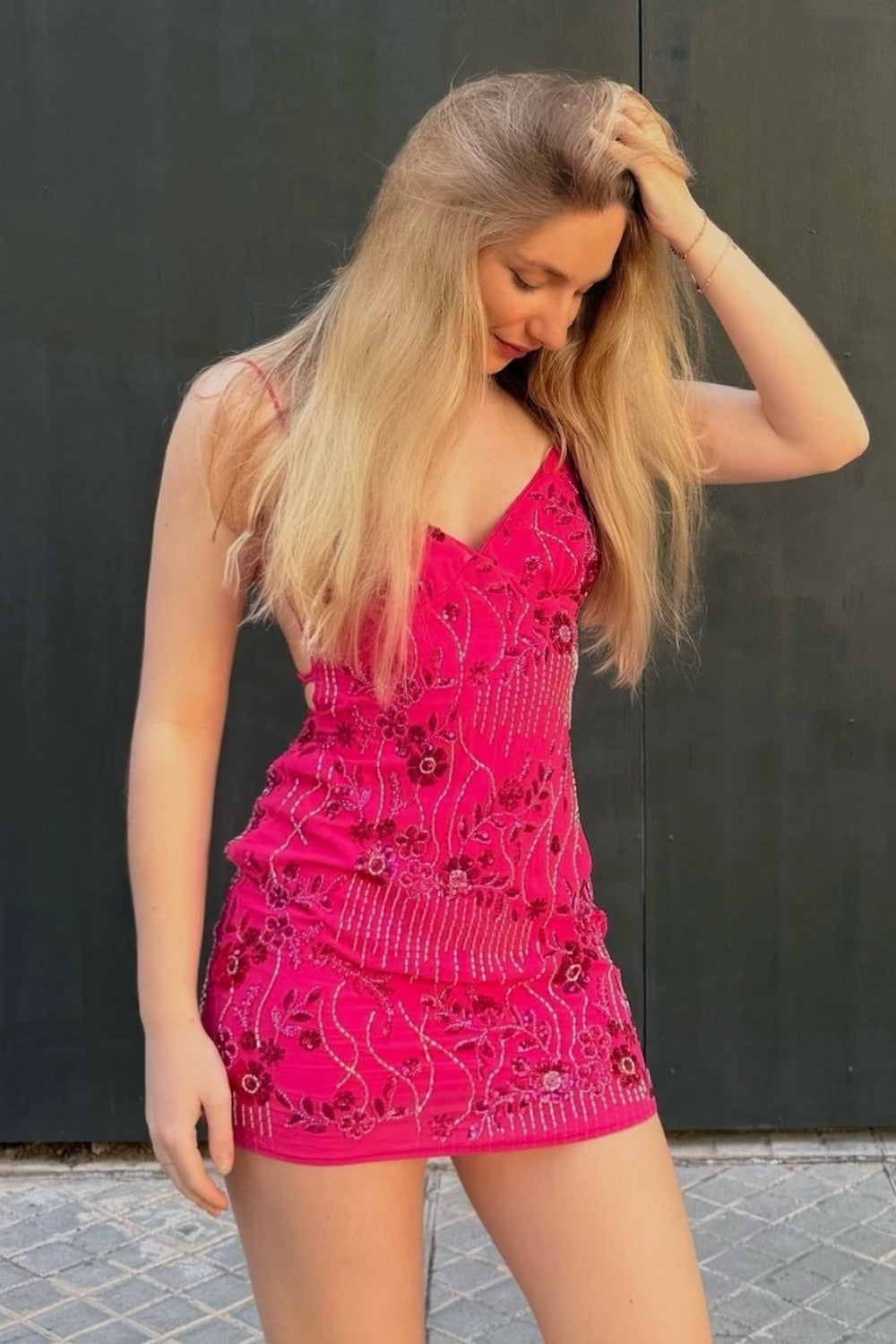 Stunning Beaded Sheath Homecoming Dress with Spaghetti Straps and Floral Embellishment