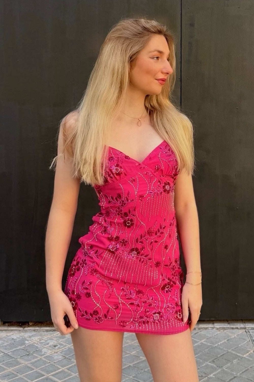 Stunning Beaded Sheath Homecoming Dress with Spaghetti Straps and Floral Embellishment