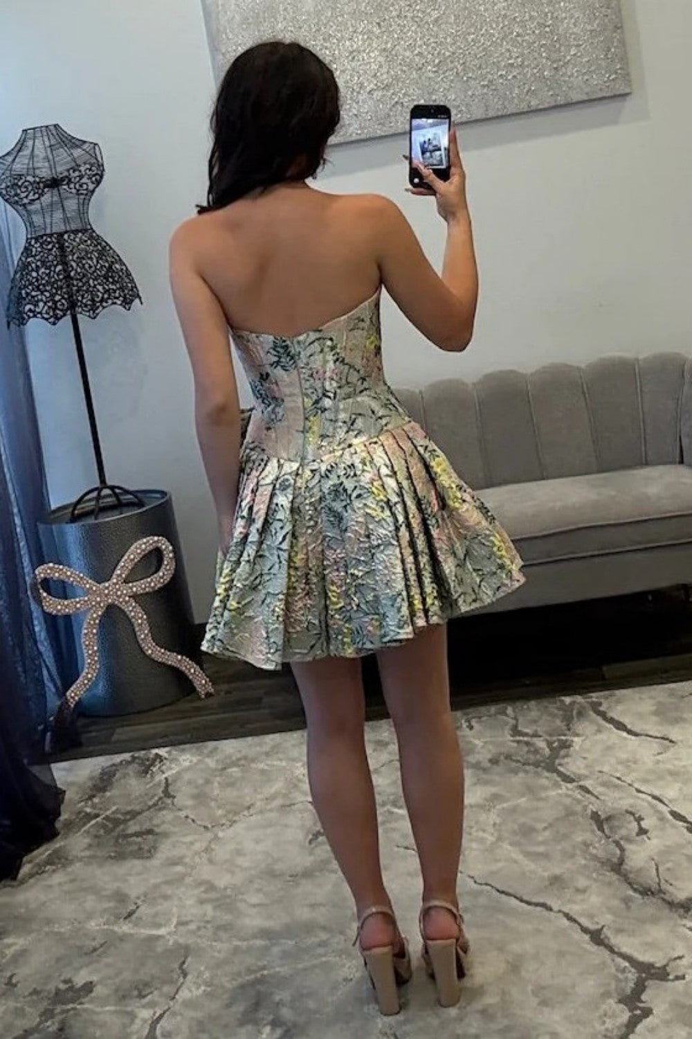 Romantic Floral Strapless Mini Homecoming Dress with Structured Corset Bodice