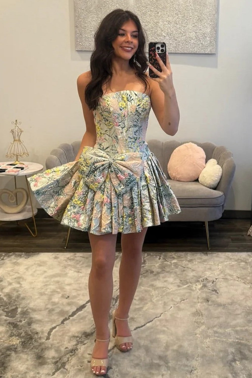 Romantic Floral Strapless Mini Homecoming Dress with Structured Corset Bodice