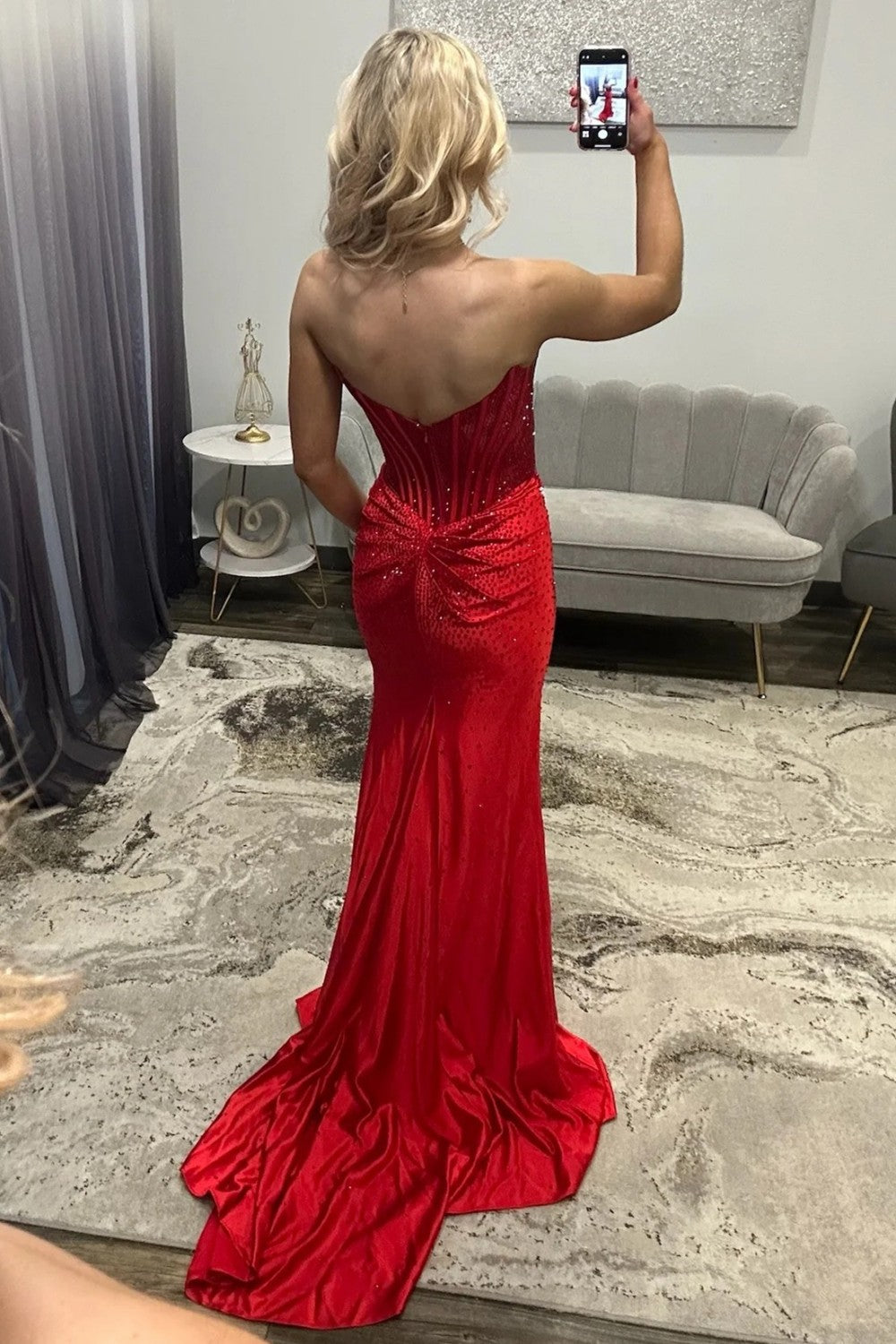 Stunning Glitter Yellow Strapless Beaded Corset Style Prom Gown With High Slit
