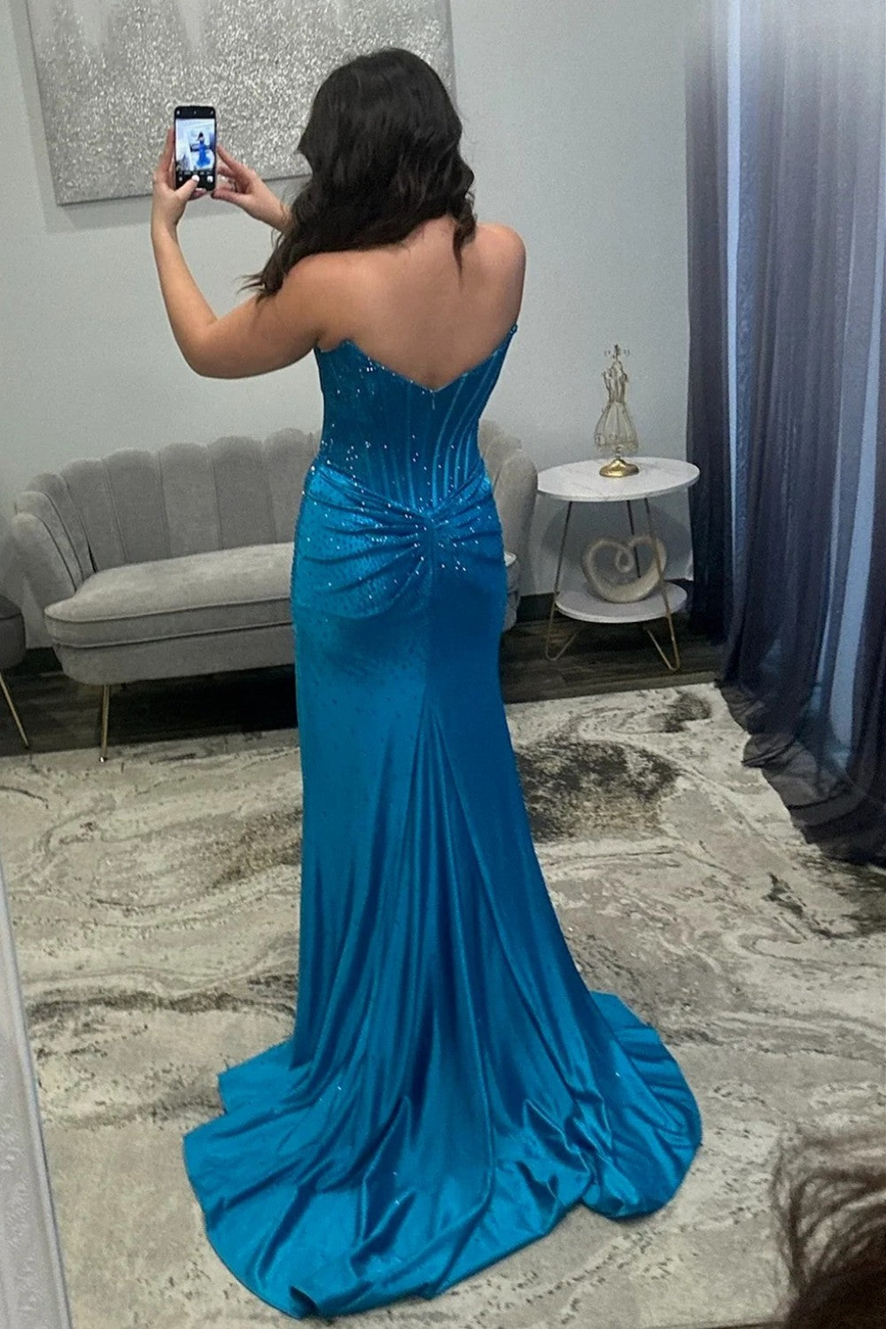 Stunning Glitter Yellow Strapless Beaded Corset Style Prom Gown With High Slit