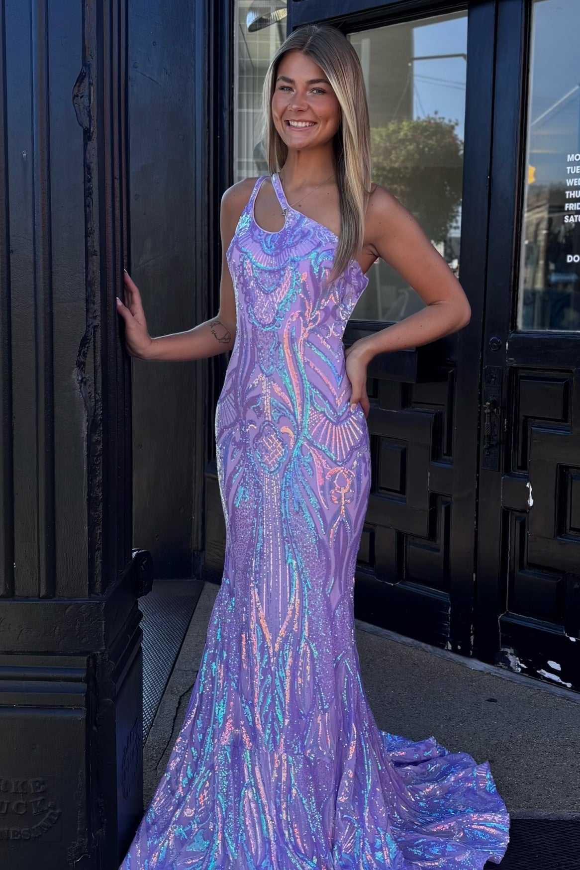 Stunning Mermaid One Shoulder Purple Sequins Long Party Dress with Keyhole