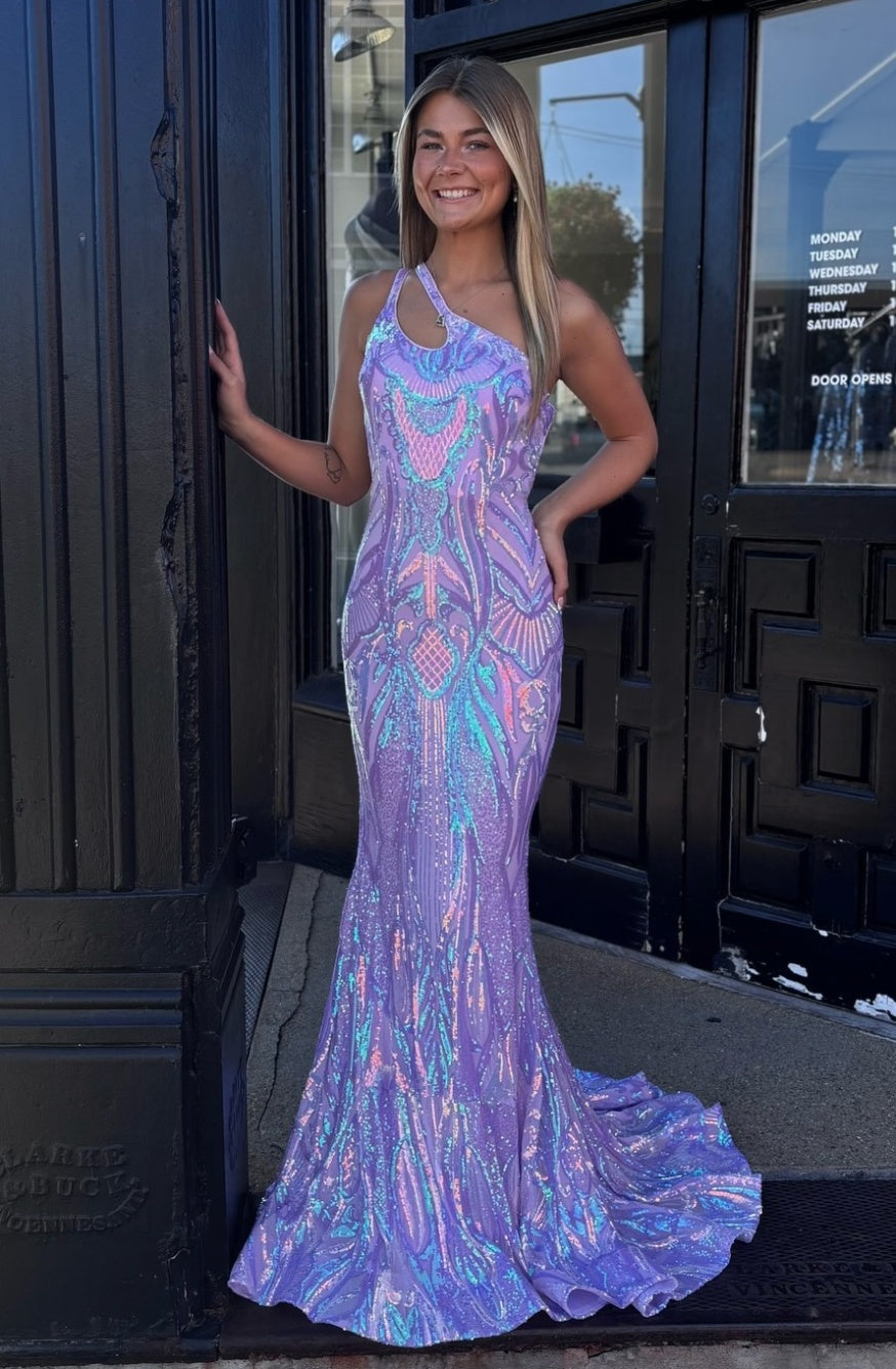 Stunning Mermaid One Shoulder Purple Sequins Long Party Dress with Keyhole