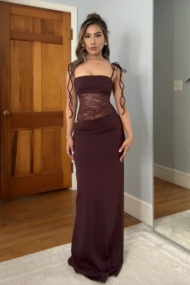 Stunning Mermaid Spaghetti Straps Brown Long Party Dress with Lace