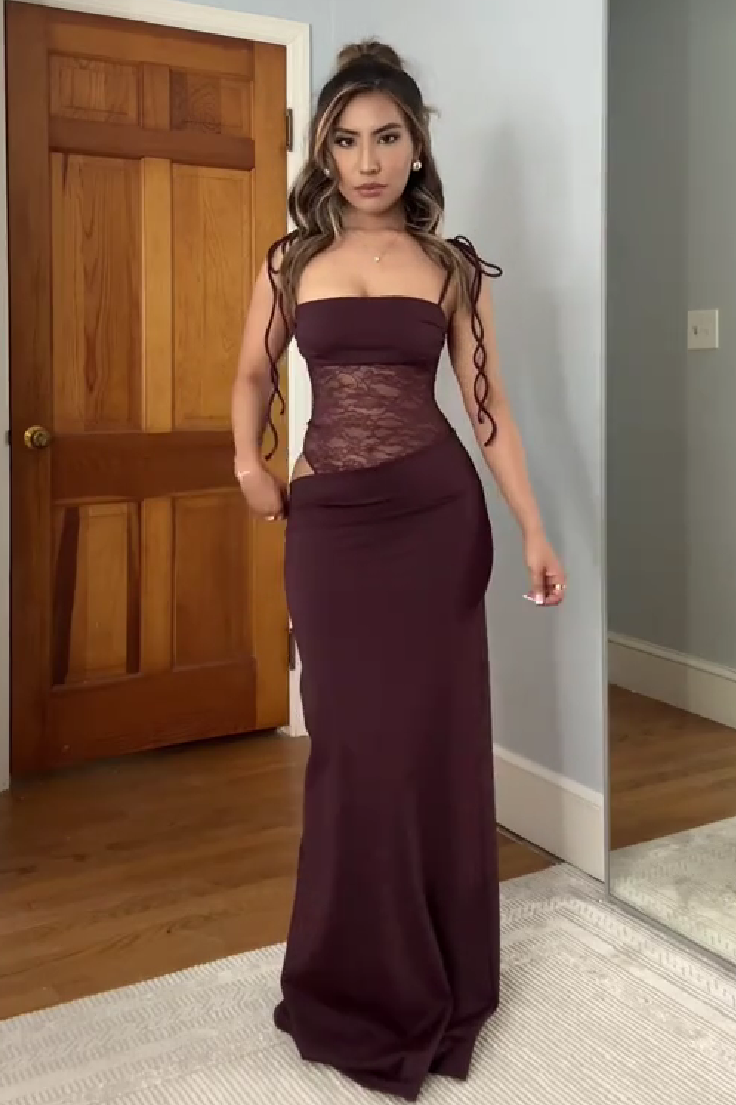 Stunning Mermaid Spaghetti Straps Brown Long Party Dress with Lace