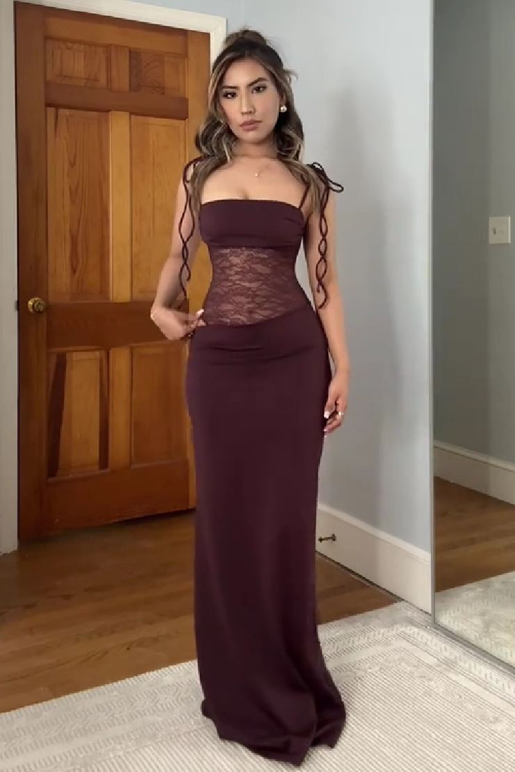 Stunning Mermaid Spaghetti Straps Brown Long Party Dress with Lace