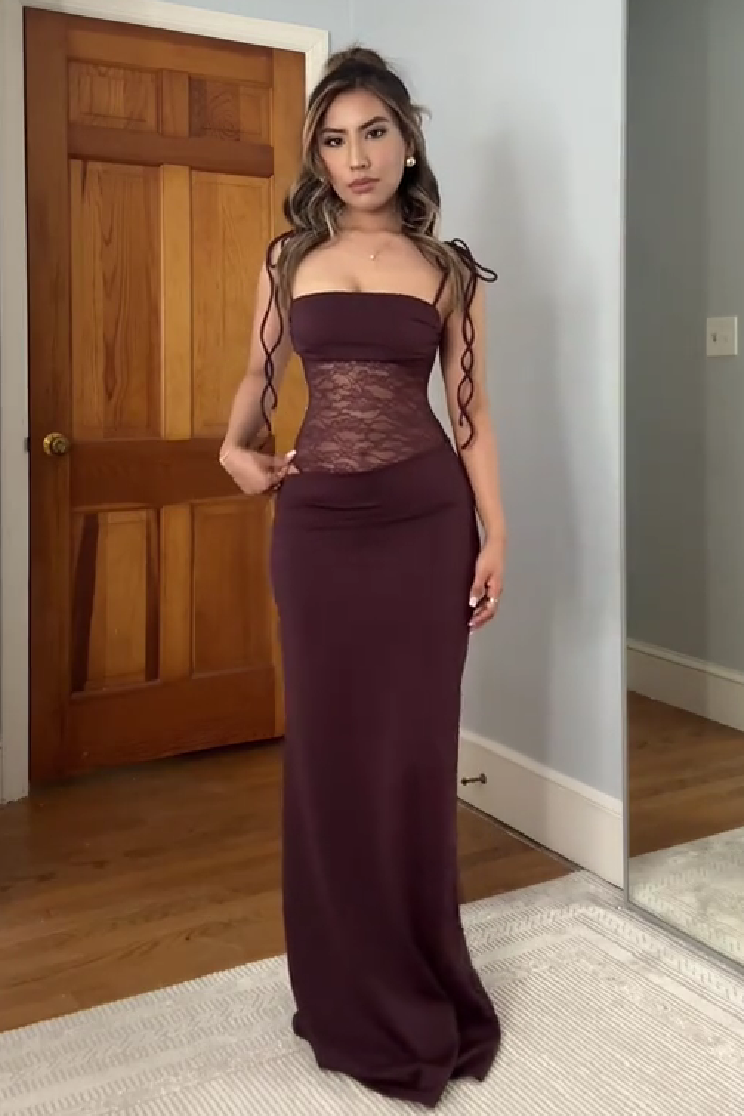 Stunning Mermaid Spaghetti Straps Brown Long Party Dress with Lace
