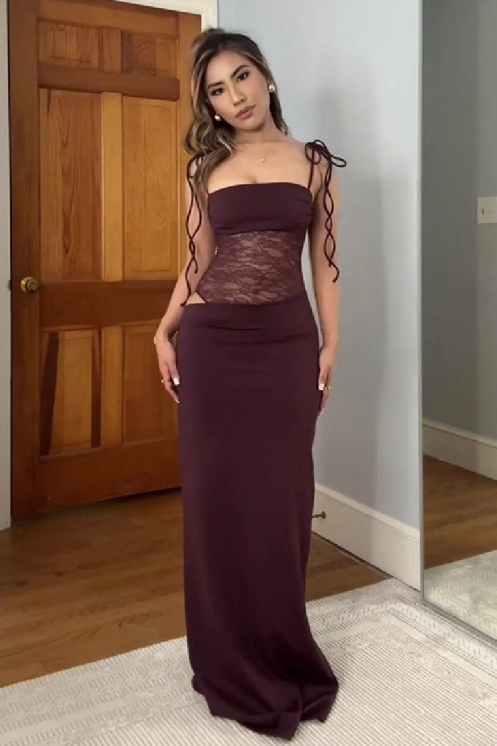 Stunning Mermaid Spaghetti Straps Brown Long Party Dress with Lace