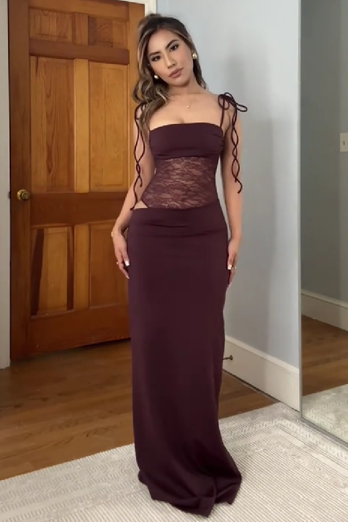 Stunning Mermaid Spaghetti Straps Brown Long Party Dress with Lace