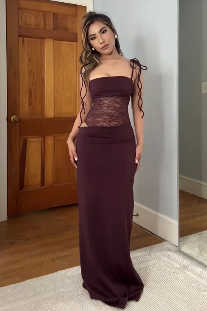 Stunning Mermaid Spaghetti Straps Brown Long Party Dress with Lace