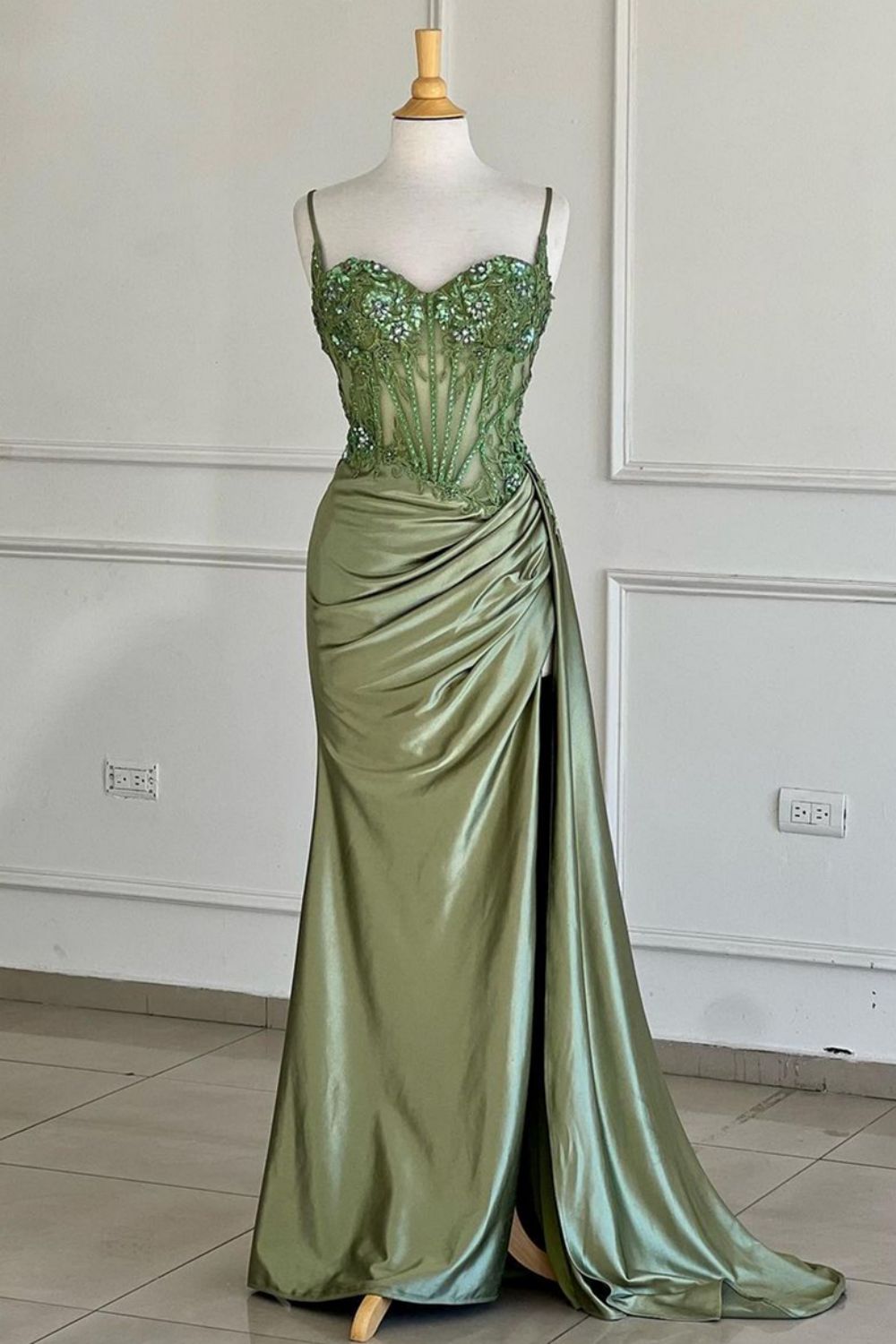 Gorgeous Mermaid Spaghetti Straps Silver Glitter Prom Dress with Split Slit