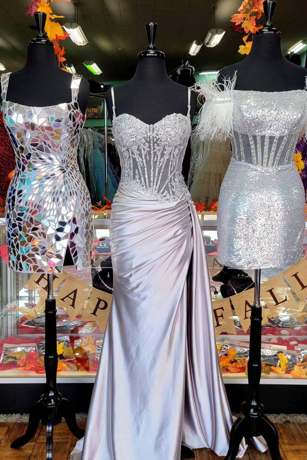 Gorgeous Mermaid Spaghetti Straps Silver Glitter Prom Dress with Split Slit