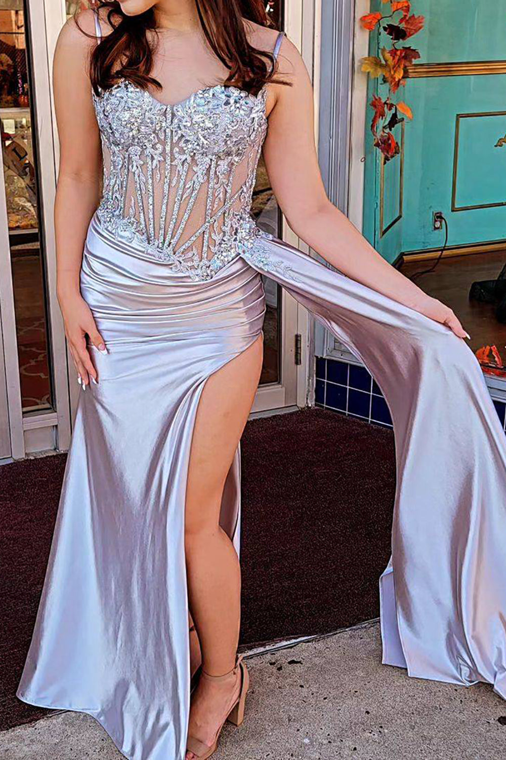Gorgeous Mermaid Spaghetti Straps Silver Glitter Prom Dress with Split Slit