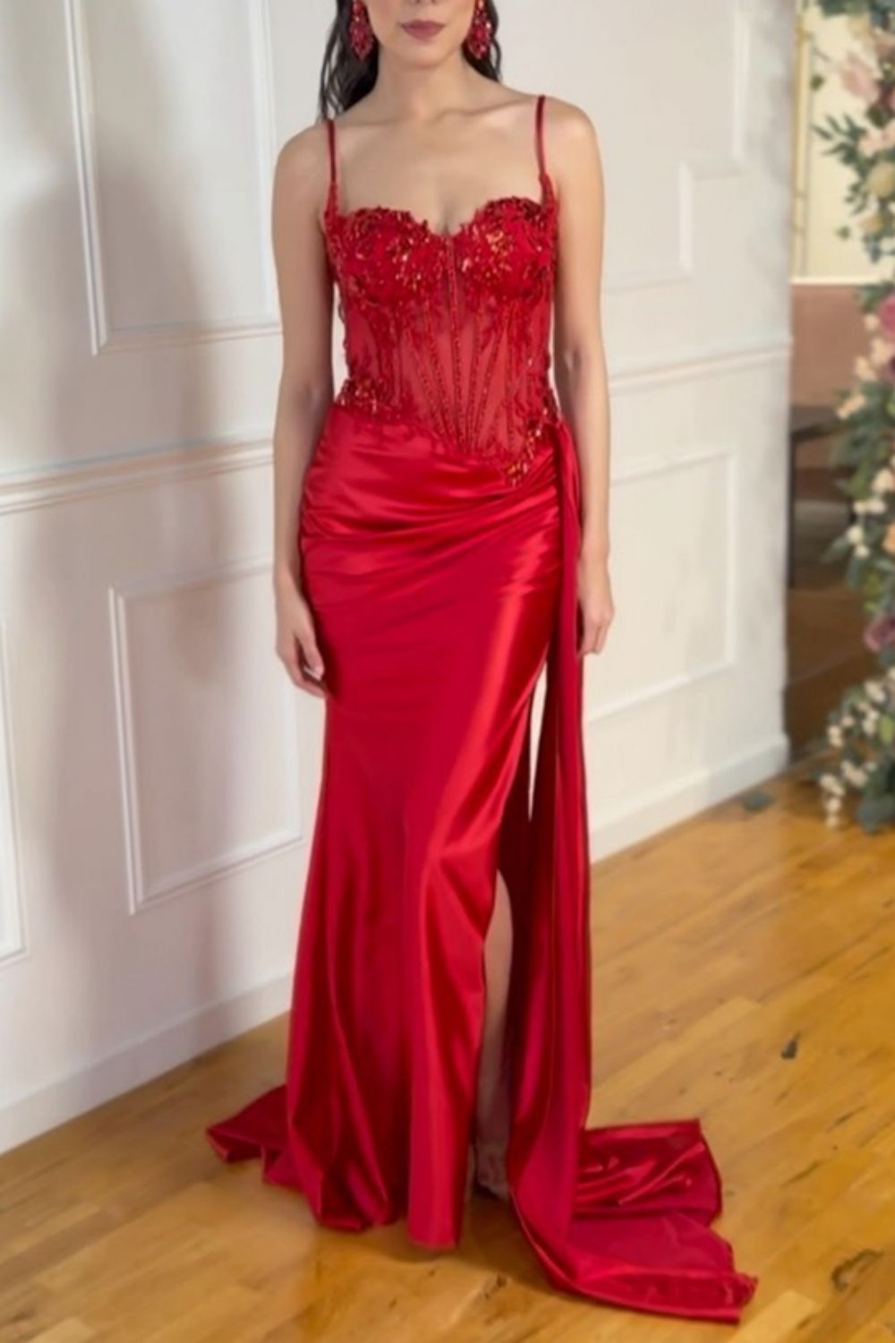 Gorgeous Mermaid Spaghetti Straps Silver Glitter Prom Dress with Split Slit