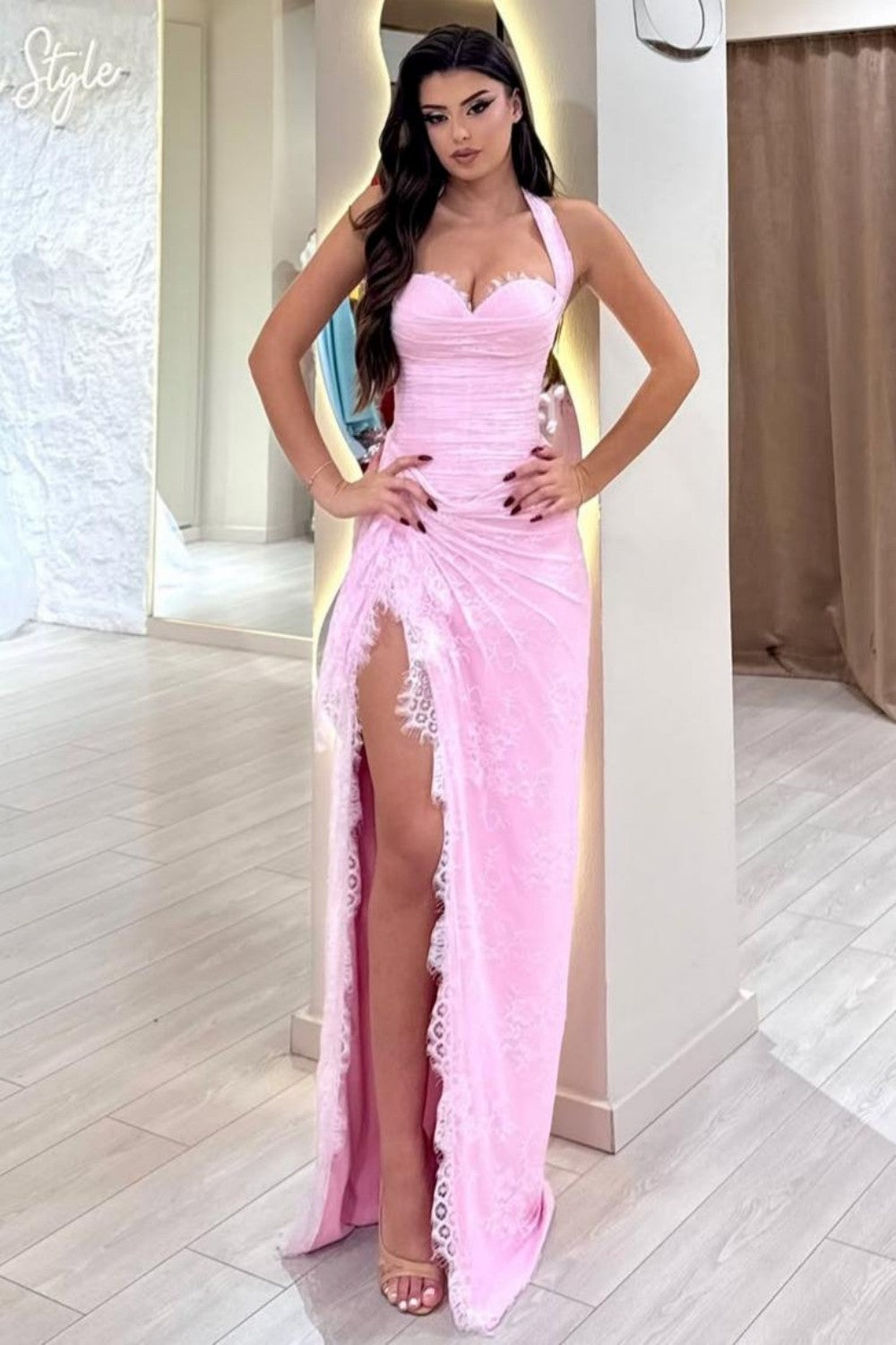 Stunning Pink Ruched Corset Lace Mermaid Prom Dress with Halter Neck & Slit