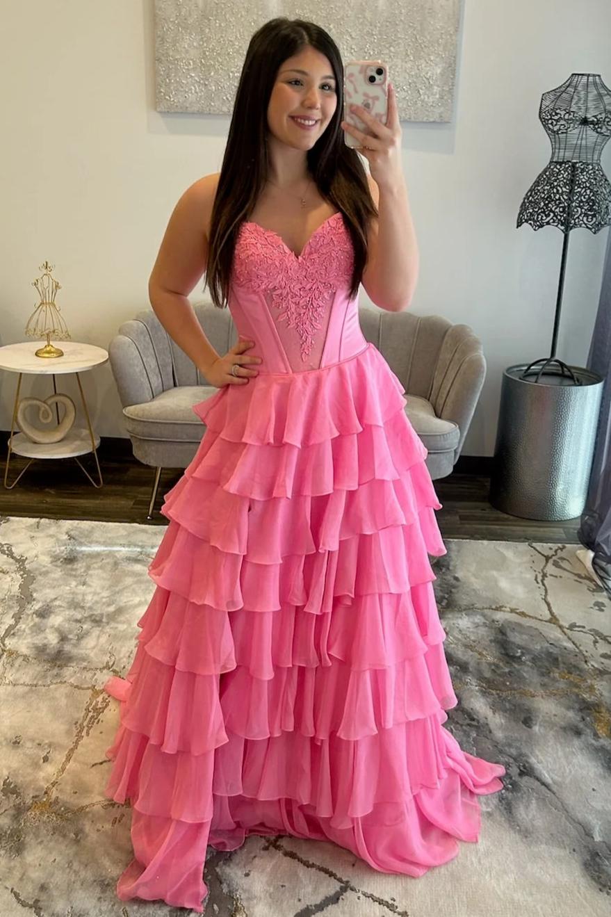 Stunning Red A-Line Sweetheart Long Tiered Chiffon Prom Dress with Slit