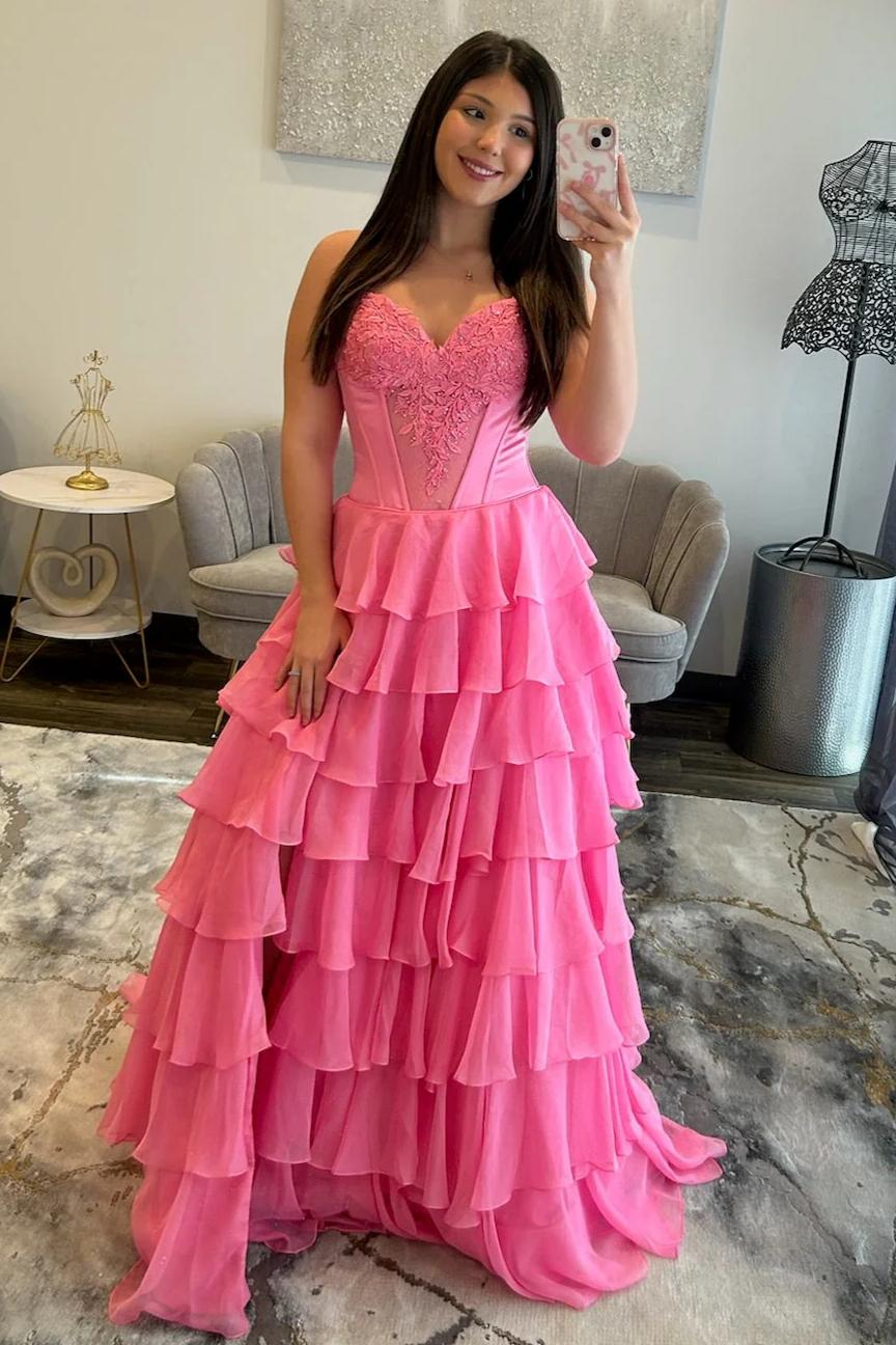 Stunning Red A-Line Sweetheart Long Tiered Chiffon Prom Dress with Slit