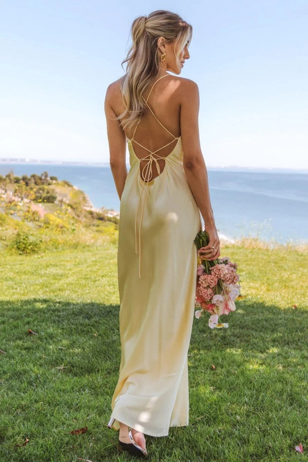 Stunning Sheath Spaghetti Straps Yellow Long Prom Dress with Criss Cross Back