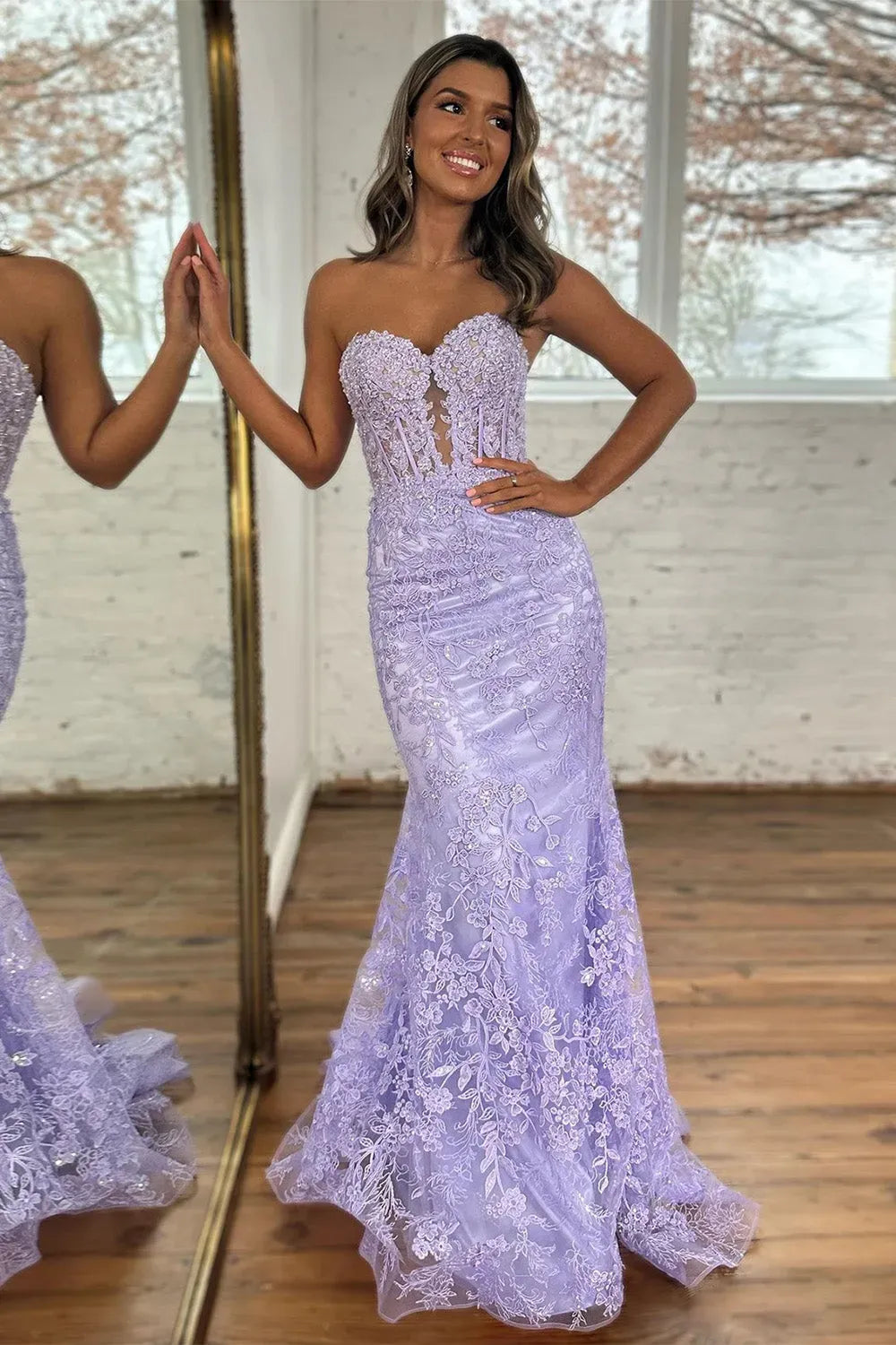 Fuchsia Strapless Sweetheart Prom Dress with Beaded Lace and Sheer V-Detail