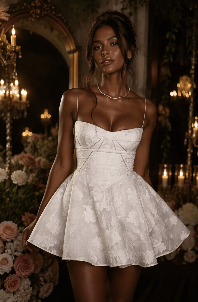 Stylish A Line Spaghetti Straps White Printed Short Homecoming Dress