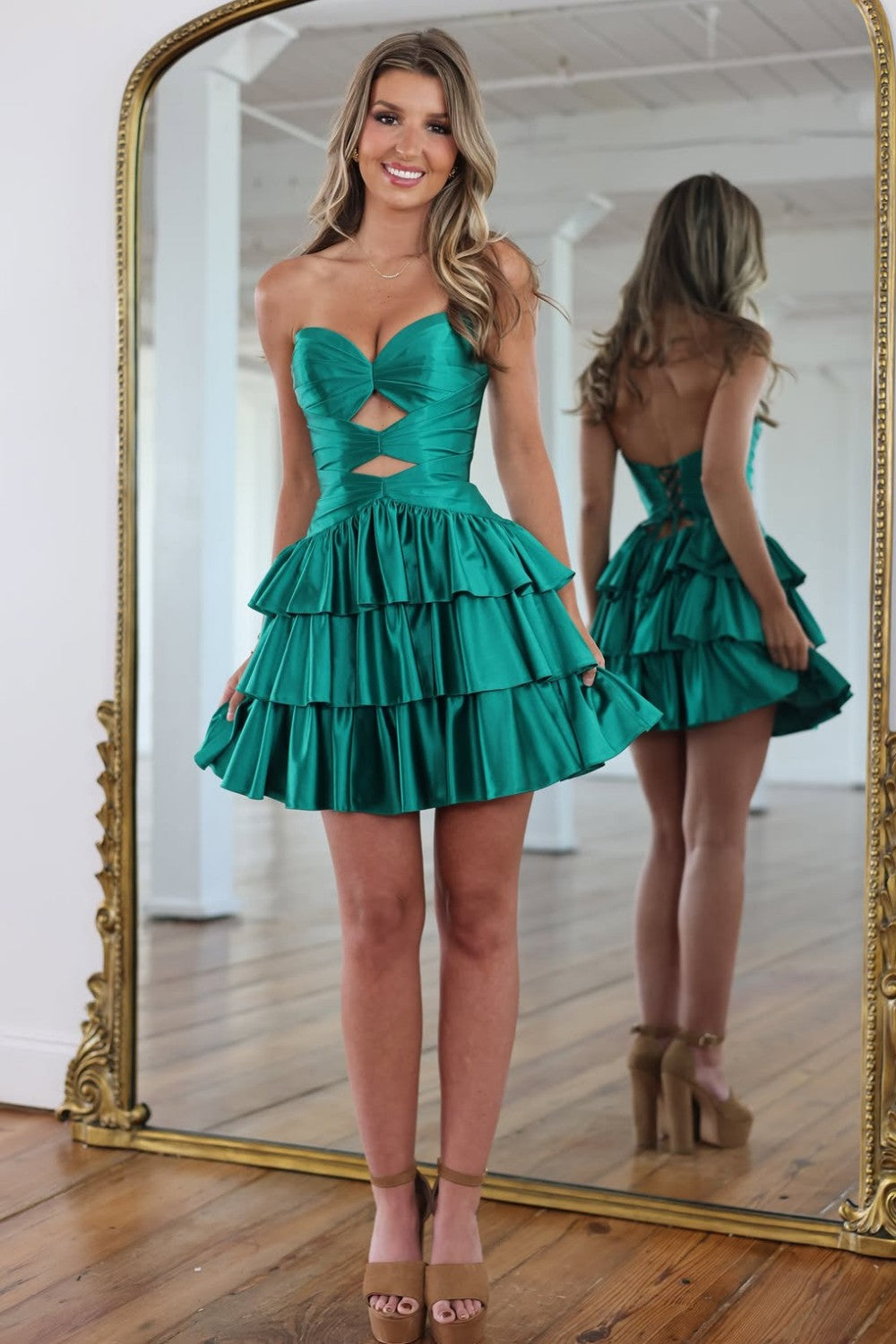 Stylish Satin Sweetheart A-Line Cutout Ruffle Mini Homecoming Dress
