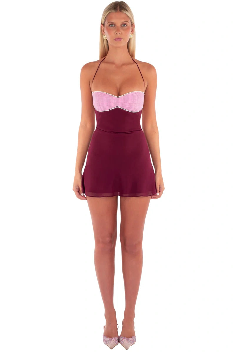 Stylish A Line Halter Neck Burgundy Short Homecoming Dress with Criss Cross Back