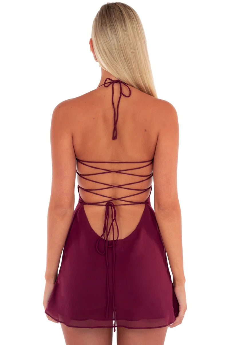 Stylish A Line Halter Neck Burgundy Short Homecoming Dress with Criss Cross Back
