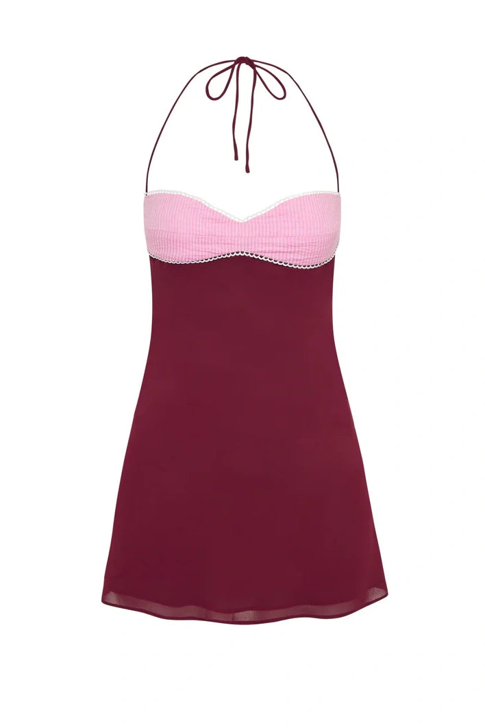 Stylish A Line Halter Neck Burgundy Short Homecoming Dress with Criss Cross Back
