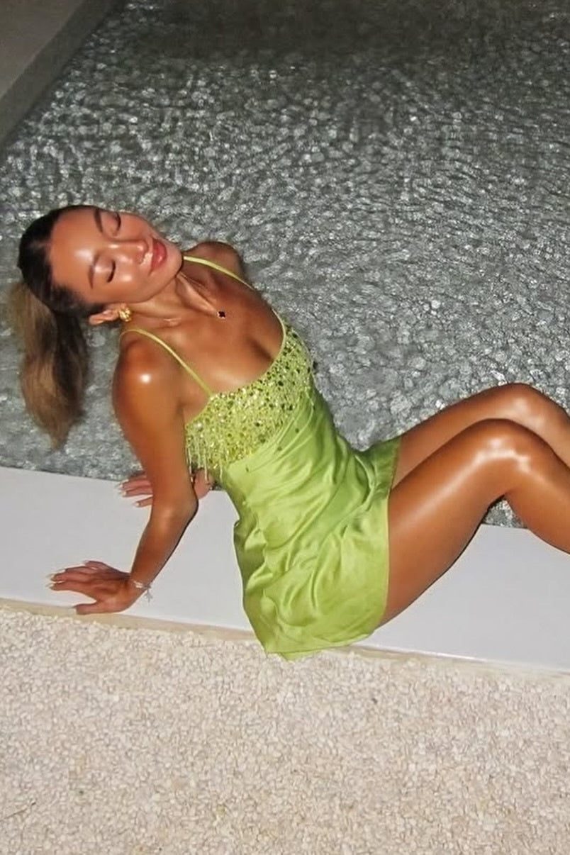 Stunning A Line Spaghetti Straps Green Satin Short Homecoming Dress with Taasels