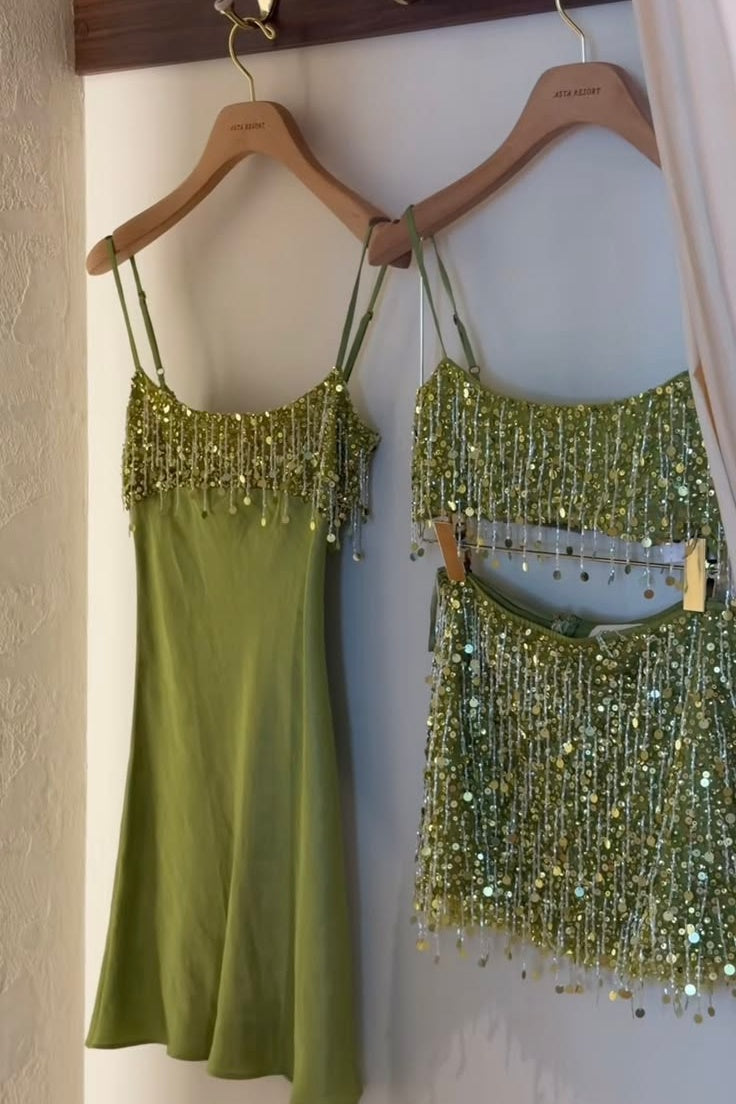 Stunning A Line Spaghetti Straps Green Satin Short Homecoming Dress with Taasels