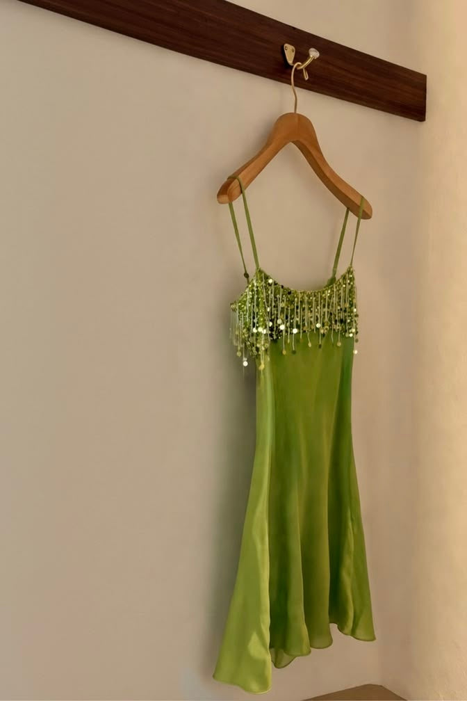 Stunning A Line Spaghetti Straps Green Satin Short Homecoming Dress with Taasels