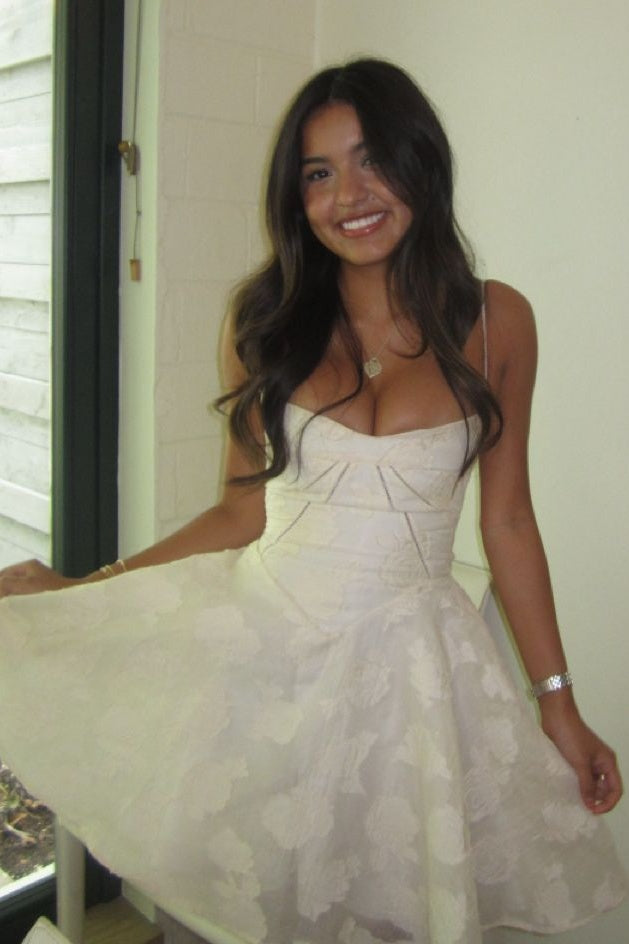 Stylish A Line Spaghetti Straps White Printed Short Homecoming Dress