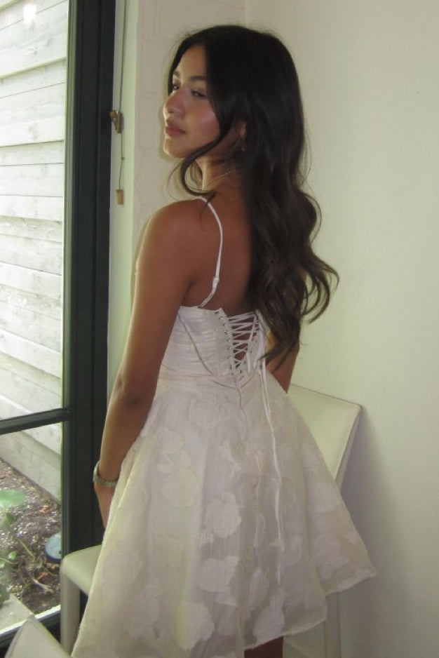 Stylish A Line Spaghetti Straps White Printed Short Homecoming Dress